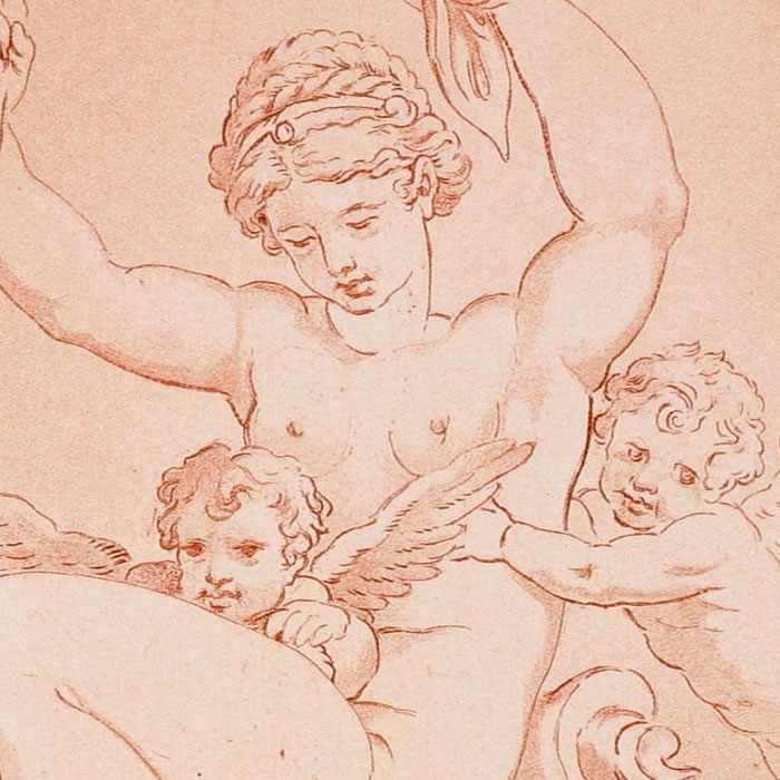 Galatée (?) assise sur une coquille trainée par des dauphins et environnée de trois amours - Une estampe d’après Annibale Carracci