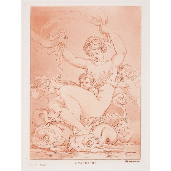 Galatée (?) assise sur une coquille trainée par des dauphins et environnée de trois amours - Une estampe d’après Annibale Carracci