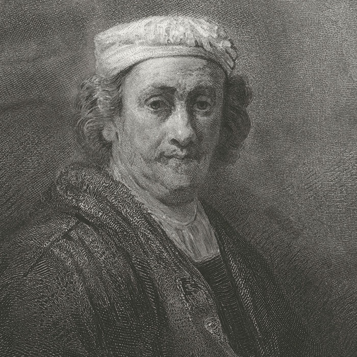 Portrait of Rembrandt in front of an easel - Une estampe d’après  Rembrandt van Rijn