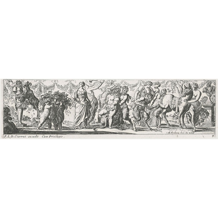 Satyre ferrant un âne sous le regard de Bacchus - Une estampe d’après Pierre Brébiette