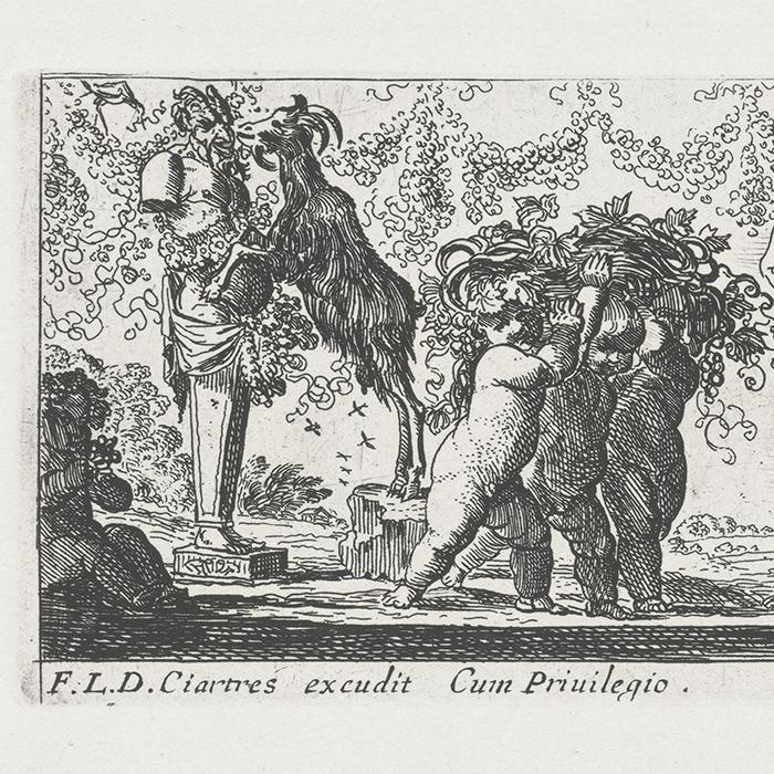 Satyre ferrant un âne sous le regard de Bacchus - Une estampe d’après Pierre Brébiette