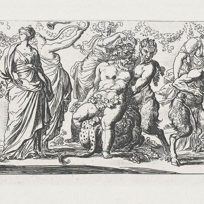 Satyre ferrant un âne sous le regard de Bacchus - Une estampe d’après Pierre Brébiette