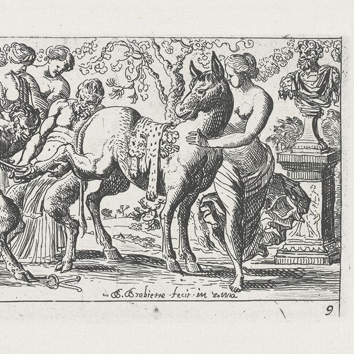 Satyre ferrant un âne sous le regard de Bacchus - Une estampe d’après Pierre Brébiette