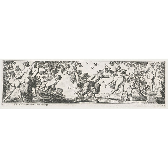 Pan tirant à l’arc sous le regard de Mercure et de trois nymphes - Une estampe d’après Pierre Brébiette