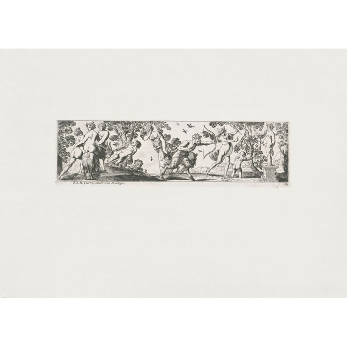 Pan tirant à l’arc sous le regard de Mercure et de trois nymphes - Une estampe d’après Pierre Brébiette