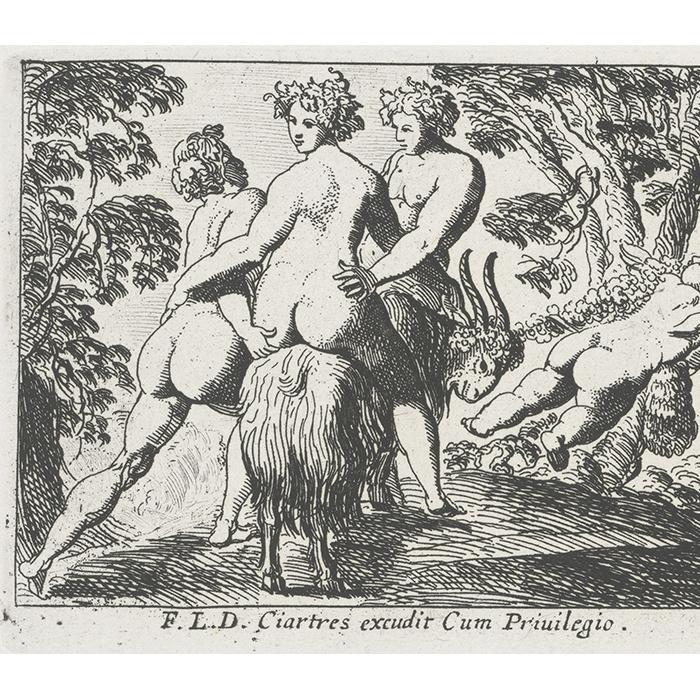 Pan tirant à l’arc sous le regard de Mercure et de trois nymphes - Une estampe d’après Pierre Brébiette