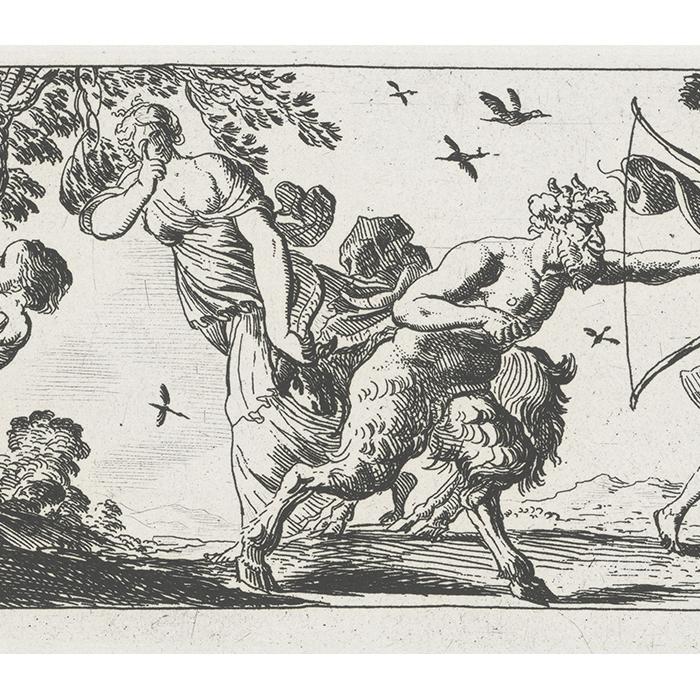Pan tirant à l’arc sous le regard de Mercure et de trois nymphes - Une estampe d’après Pierre Brébiette