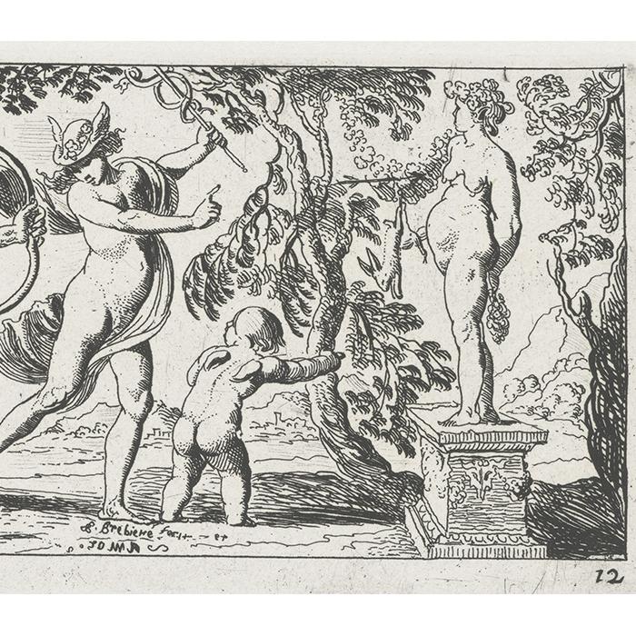 Pan tirant à l’arc sous le regard de Mercure et de trois nymphes - Une estampe d’après Pierre Brébiette