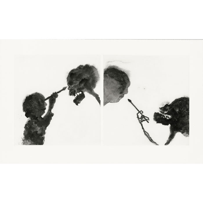 L’Amour et la Mort, Cupidon, l’enfant dieu de l’amour, au lieu de tirer des flèches, tient un pinceau et dessine la mort. La mort à son tour dessine l’enfant - Une estampe d’après Annette Messager