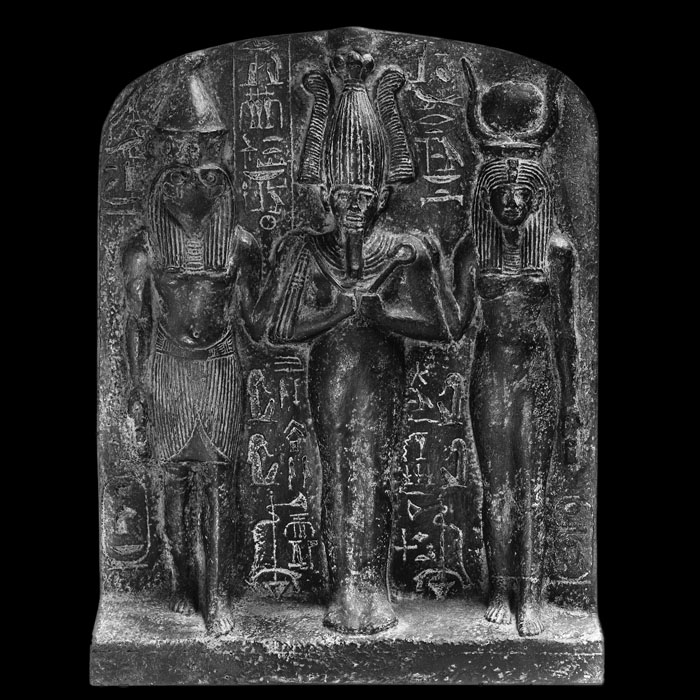 Fragment of the stele of Dedia: Osiris, Horus and Isis - Egyptian antiquities - Reproduction d’une sculpture du Musée du Louvre, Paris