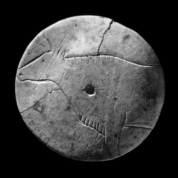 Bone disk engraved with a cow and her calf - Prehistory - Reproduction d’une sculpture du Musée d’Archéologie nationale, Saint-Germain-en-Laye