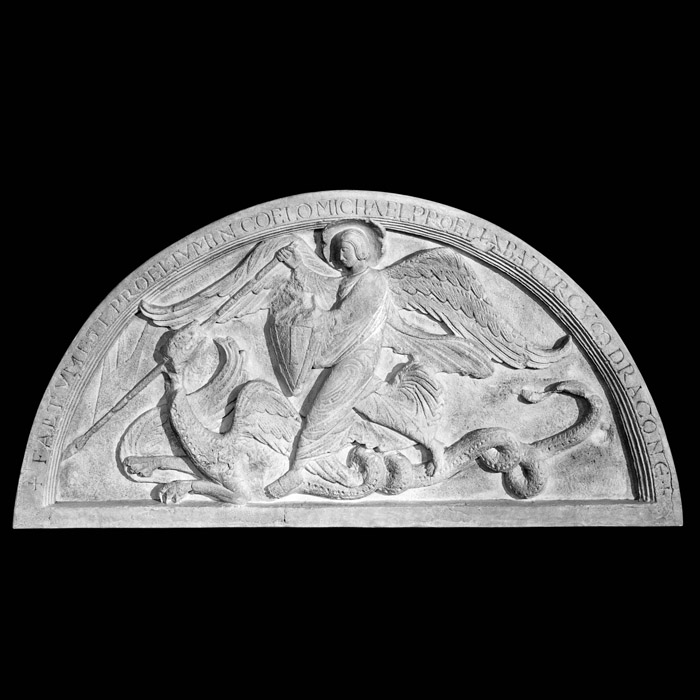 Tympanum of Saint Michael slaying the dragon - Middle Ages - Reproduction d’une sculpture de l’Église Saint-Michel-d’Entraygues, Entraigues