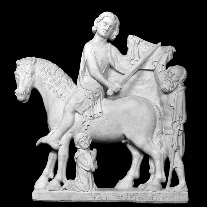 Bas-relief of Saint Martin sharing his cloak - Middle Ages - Reproduction d’une sculpture de l’Église de Saint-Martin-aux-Bois, Saint-Martin-aux-Bois
