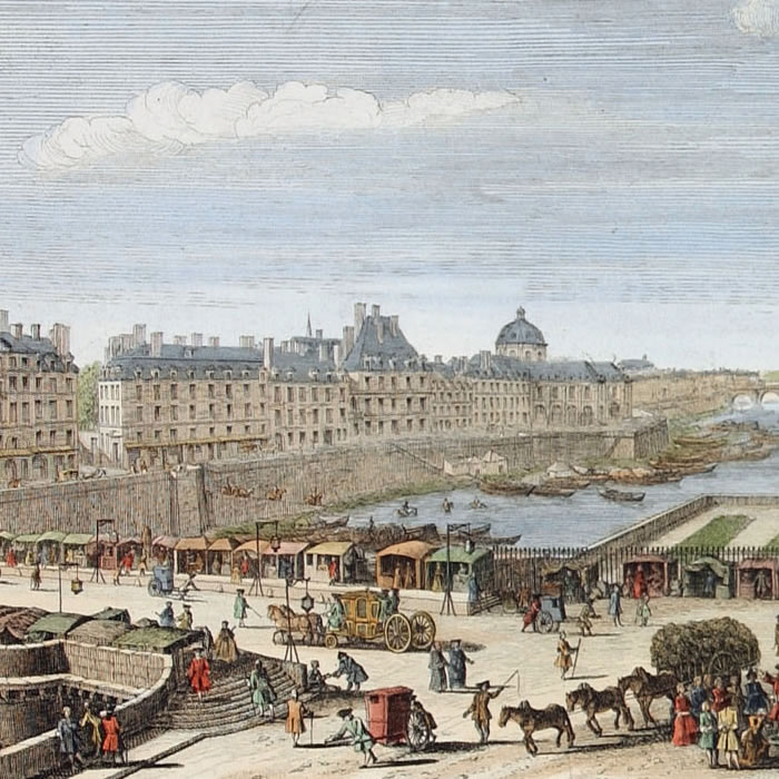 Vue particulière de Paris, prise du milieu du Pont-Neuf, regardant vers le Pont Royal - Une estampe d’après Jacques Rigaud