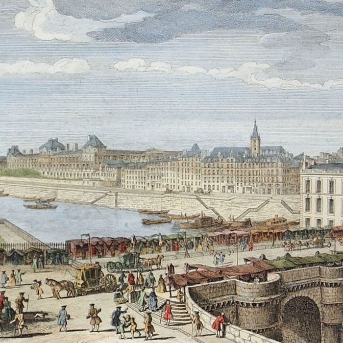 Vue particulière de Paris, prise du milieu du Pont-Neuf, regardant vers le Pont Royal - Une estampe d’après Jacques Rigaud