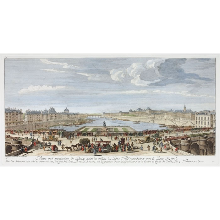 Vue particulière de Paris, prise du milieu du Pont-Neuf, regardant vers le Pont Royal - Une estampe d’après Jacques Rigaud