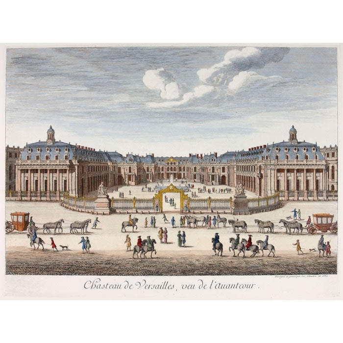 Vue du château de Versailles, du côté de l’allée d’eau et de la fontaine du Dragon, vu de l’avant-cour - Une estampe d’après Israël Silvestre