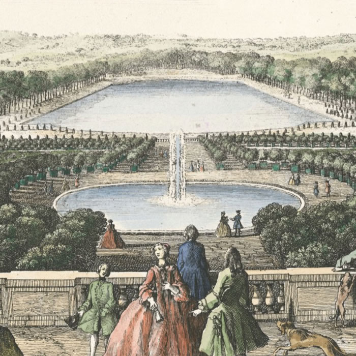 Vue de l’orangerie de Versailles, prise de la balustrade au bord de la terrasse du château - Une estampe d’après Jacques Rigaud