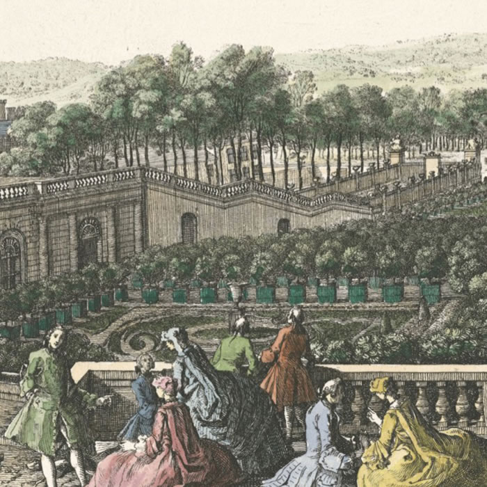 Vue de l’orangerie de Versailles, prise de la balustrade au bord de la terrasse du château - Une estampe d’après Jacques Rigaud