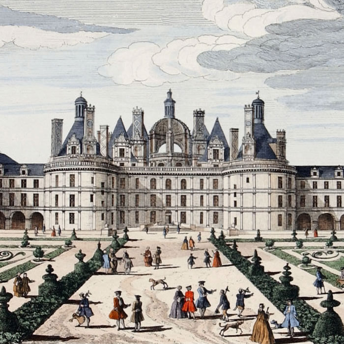 Vue du château royal de Chambord, du côté du parterre - Une estampe d’après Jacques Rigaud