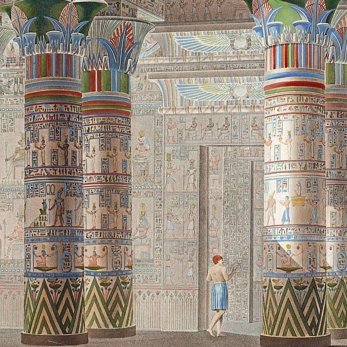 Ile de Philae. Vue perspective intérieure coloriée, prise sous le portique du grand temple - Une estampe d’après Jacques-Marie Le Père