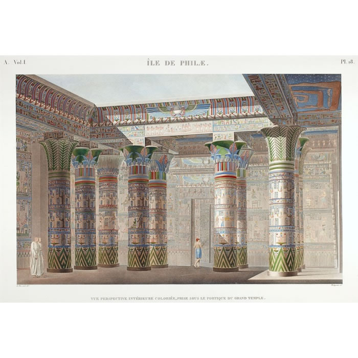 Ile de Philae. Vue perspective intérieure coloriée, prise sous le portique du grand temple - Une estampe d’après Jacques-Marie Le Père