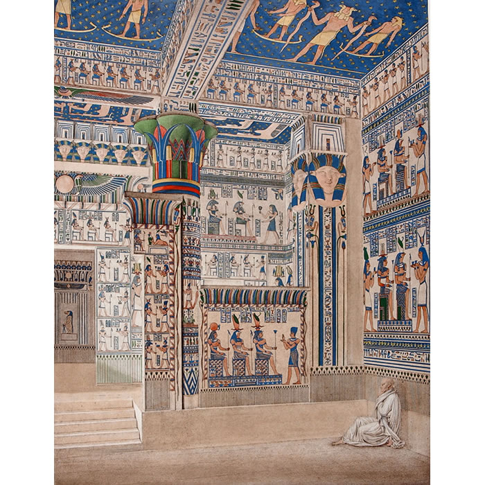 Thèbes. Memnonium. Vue perspective intérieure coloriée du temple de l’Ouest - Une estampe d’après Jacques-Louis Pérée