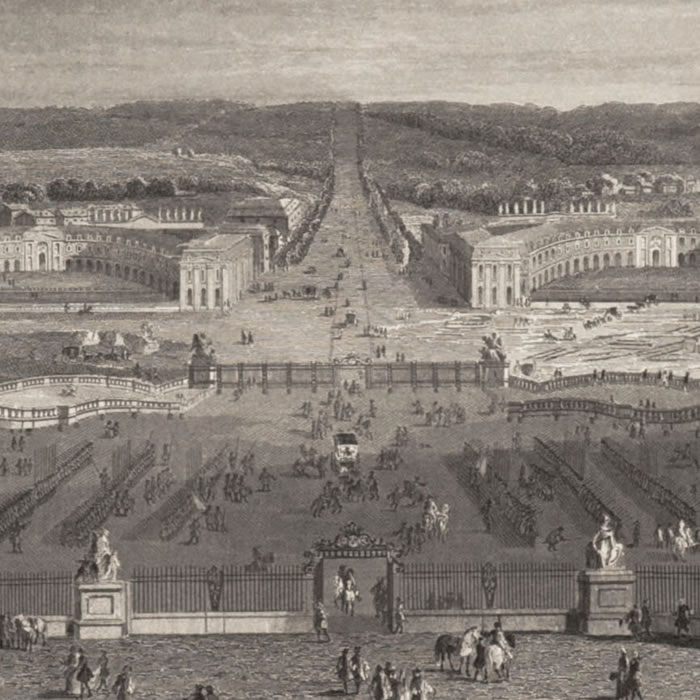 Versailles vers 1685. Grande cour et avant-cour du château, place d’Armes ; grande et petite écurie du Roi - Une estampe d’après Pierre-Denis Martin