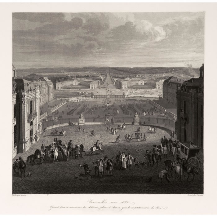 Versailles vers 1685. Grande cour et avant-cour du château, place d’Armes ; grande et petite écurie du Roi - Une estampe d’après Pierre-Denis Martin