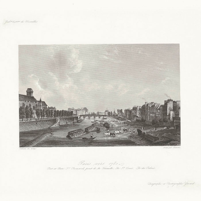 Paris vers 1780 : port et porte Saint-Bernard, pont de la Tournelle, île Saint-Louis, île de la Cité - Une estampe d’après Jean-Marie Chavanne