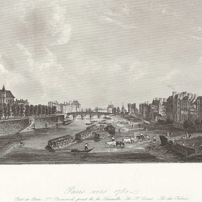 Paris vers 1780 : port et porte Saint-Bernard, pont de la Tournelle, île Saint-Louis, île de la Cité - Une estampe d’après Jean-Marie Chavanne