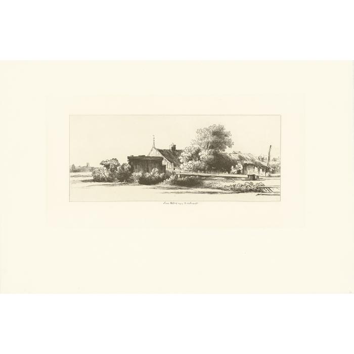 Hameau aux maisons de bois, entouré de quelques arbres - Une estampe d’après  Rembrandt