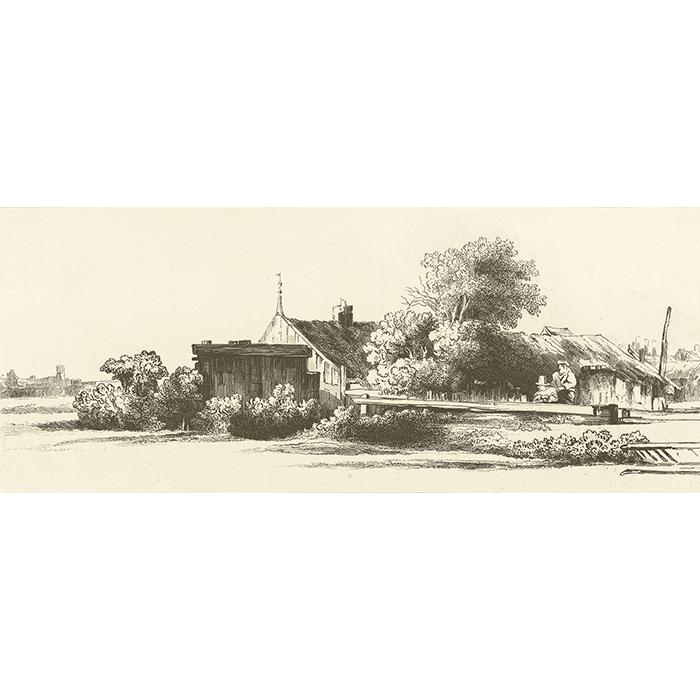 Hameau aux maisons de bois, entouré de quelques arbres - Une estampe d’après  Rembrandt