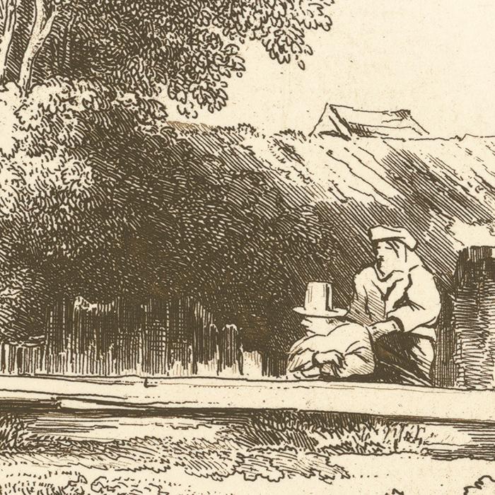 Hameau aux maisons de bois, entouré de quelques arbres - Une estampe d’après  Rembrandt