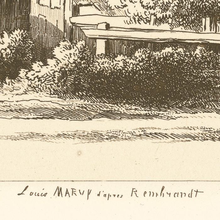 Hameau aux maisons de bois, entouré de quelques arbres - Une estampe d’après  Rembrandt