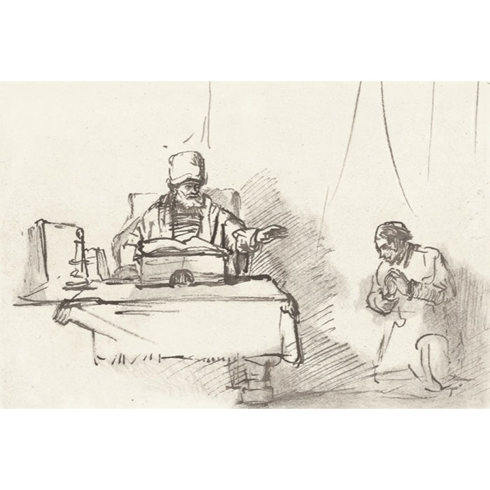 Homme assis devant une table, étendant les mains vers un homme agenouillé. Femme malade assoupie - Une estampe d’après  Rembrandt