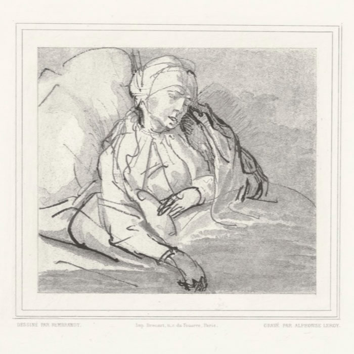 Homme assis devant une table, étendant les mains vers un homme agenouillé. Femme malade assoupie - Une estampe d’après  Rembrandt