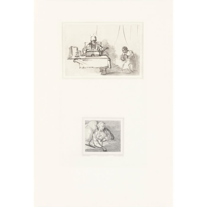 Homme assis devant une table, étendant les mains vers un homme agenouillé. Femme malade assoupie - Une estampe d’après  Rembrandt