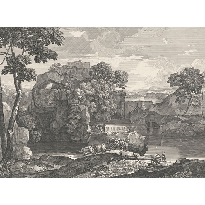Landscape with a chariot pulled by oxen - Une estampe d’après Sébastien Bourdon