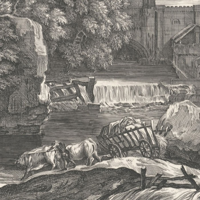 Landscape with a chariot pulled by oxen - Une estampe d’après Sébastien Bourdon