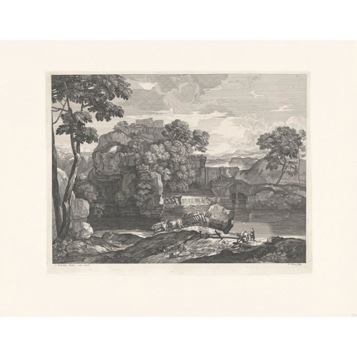 Landscape with a chariot pulled by oxen - Une estampe d’après Sébastien Bourdon