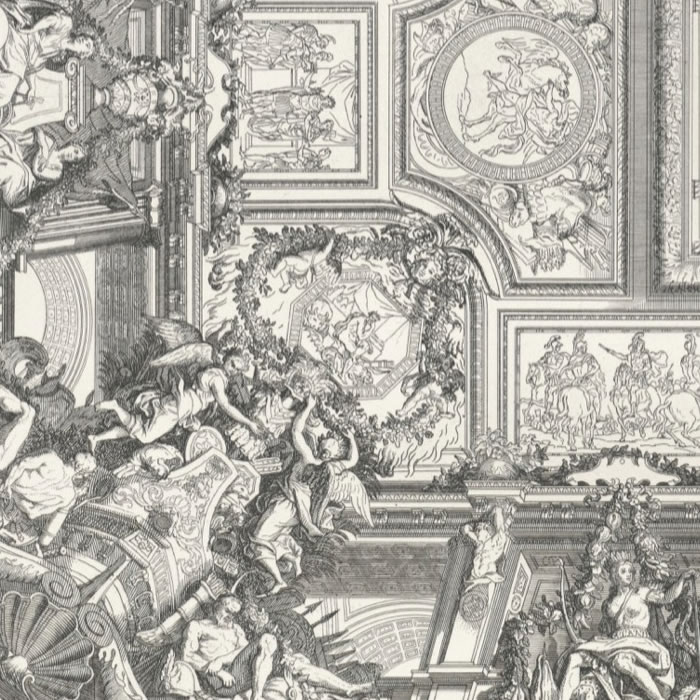Les quatre parties du monde peintes dans le grand escalier de Versailles - Une estampe d’après Charles Le Brun