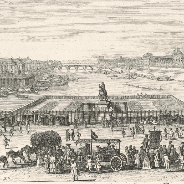 Vue particulière de Paris, prise du milieu du Pont-Neuf, regardant vers le Pont Royal - Une estampe d’après Jacques Rigaud