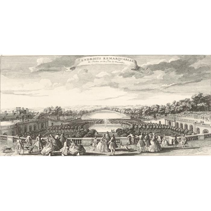 Vue de l’Orangerie de Versailles, prise de la balustrade au bord de la terrasse du château - Une estampe d’après Jacques Rigaud