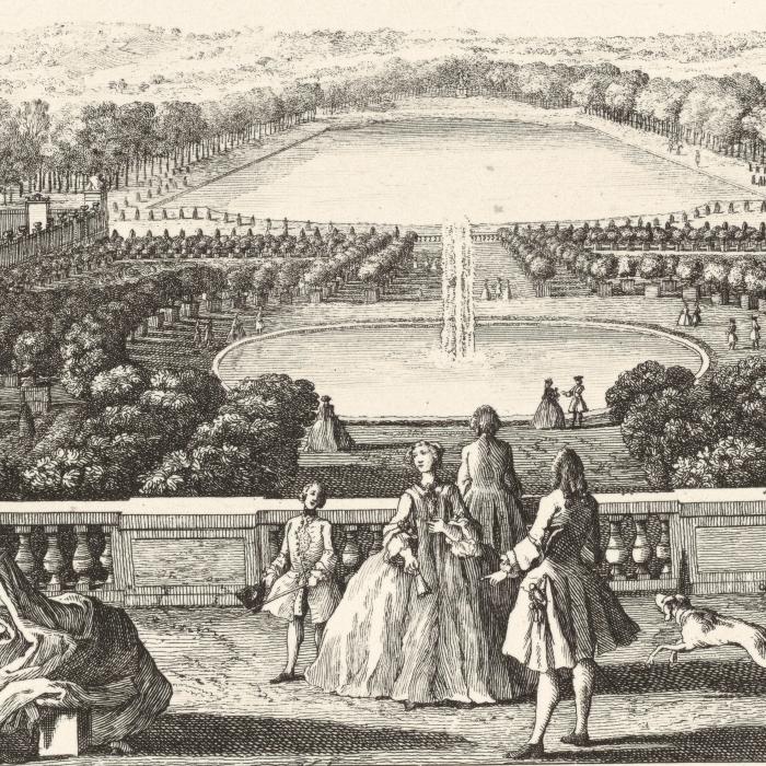 Vue de l’Orangerie de Versailles, prise de la balustrade au bord de la terrasse du château - Une estampe d’après Jacques Rigaud