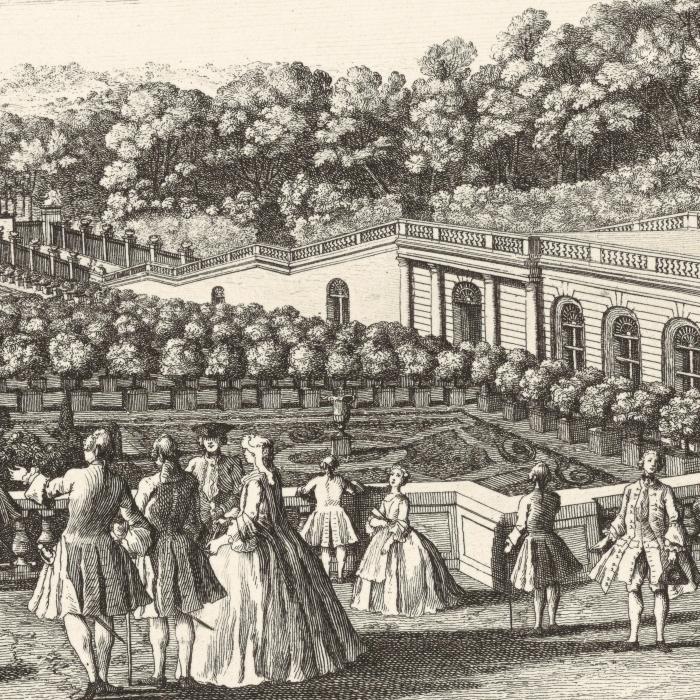 Vue de l’Orangerie de Versailles, prise de la balustrade au bord de la terrasse du château - Une estampe d’après Jacques Rigaud