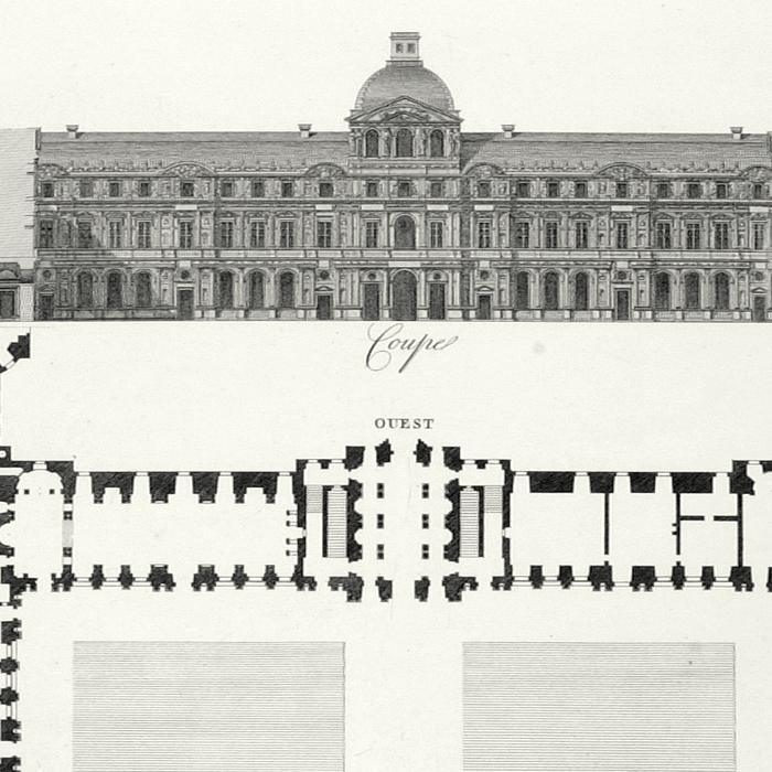 Plan de la Cour carrée du Louvre et élévation de la colonnade de Perrault. Élévation de l’aile Lescot - Une estampe d’après Louis-Pierre Baltard