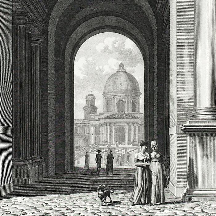 Riverside entrance to the Louvre, seen from inside the courtyard - Une estampe d’après Louis-Pierre Baltard