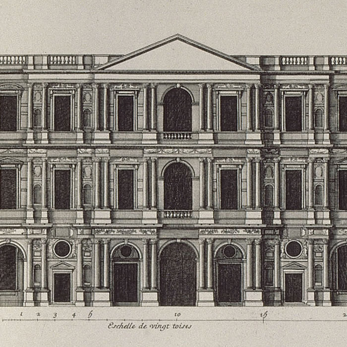 Plan et élévation du côté du Louvre qui regarde la rivière, vue de la cour à gauche en entrant - Une estampe d’après Jean Marot