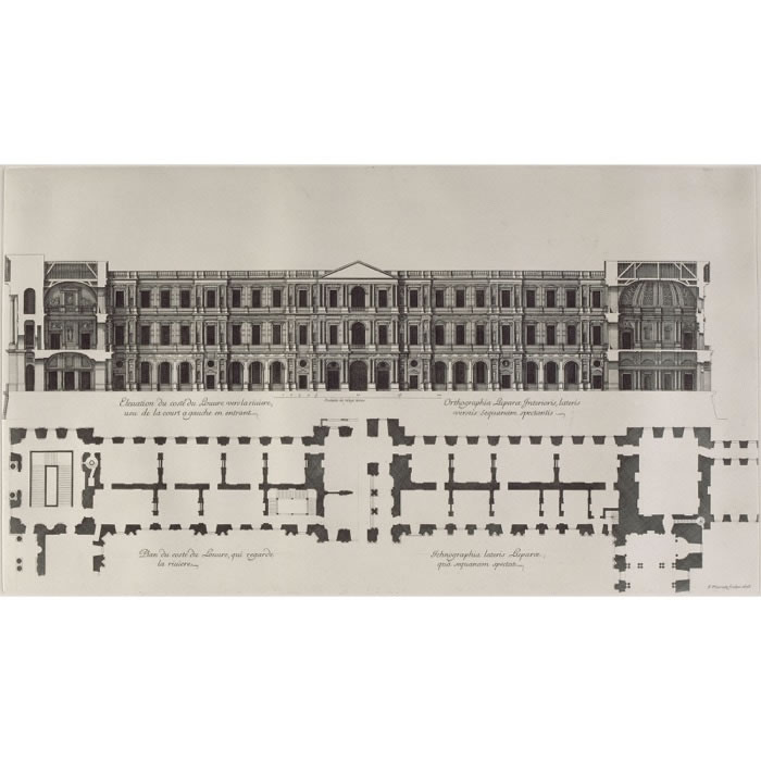 Plan et élévation du côté du Louvre qui regarde la rivière, vue de la cour à gauche en entrant - Une estampe d’après Jean Marot